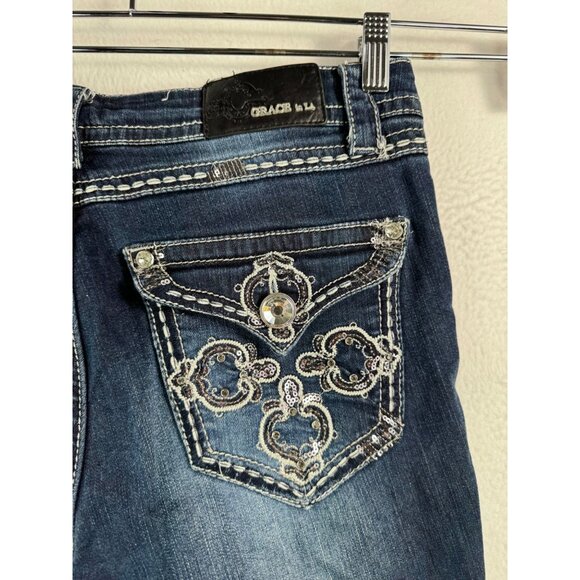 Grace in LA easy fit flare jeans beaded embroidered Y2K 90s sz‎ 29 - Picture 10 of 13